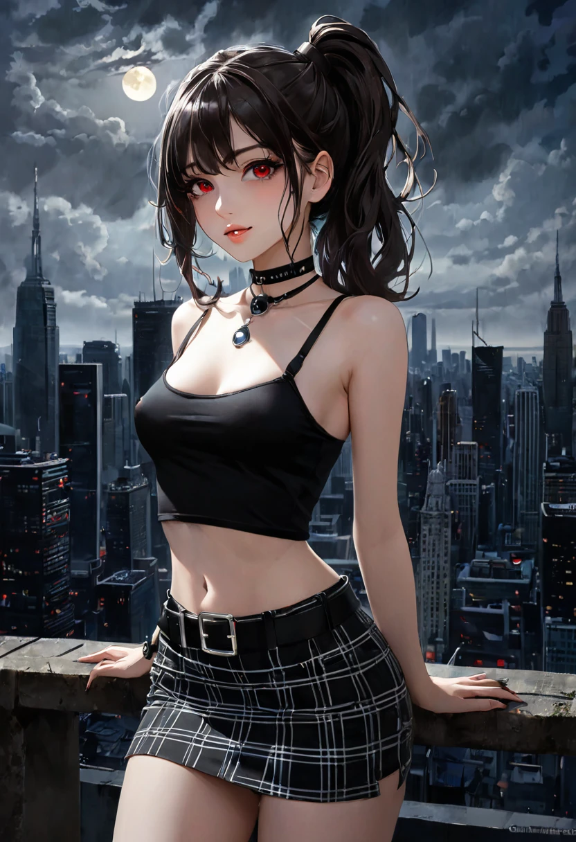 a futuristic girl in a sexy black outfit with very long brown hair, standing on the ledge of a building, futuristic city landscape, 1 girl, alone, navel, looking at viewer, plaid miniskirt, belt, stockings, smile, breasts, choker, thighs, bare shoulders, crop top, plain tight black t-shirt, stomach, ponytail, abdomen, collarbone, jewelry, shirt, small breasts, cowboy photo, black choker, red eyes, closed mouth, (best quality, masterpiece, ultra detailed, illustration: 1.2), (8K wallpaper), (beautiful detailed eyes: 1.2), beautiful, amazing and detailed eyes, (detailed skin) eroticism, sexy image, black and white, between shadows, oil painting, chiaroscuro, sensual lighting and dramatic, moody atmosphere, photorealistic, intricate details, masterpiece, ultra detailed, high quality, 8k, best quality, realistic, cinematic, dark and brooding, expressionist, powerful composition, emotional impact , { {{,{pussy,spread her Pussy,cum,cum on Pussy ,masterbation,straddling,},{{{back,doggystyle,penis,1boy}}} art inspired by Bill. Sienkiewicz and Dave McKean, (best quality, 4k, 8k, high resolution, masterpiece: 1.2), ultra detailed (realistic, photorealistic, photorealistic: 1.37), intricate details, vivid colors, sharp focus, professional, artwork by Dave McKean, surreal oil touch, oil painting style, portrait, woman, beautiful detailed eyes, beautiful detailed lips, dreamlike atmosphere, shadow play, soft lighting, fun pose, dark tones, ethereal background, fantasy elements, texture , layered composition.
