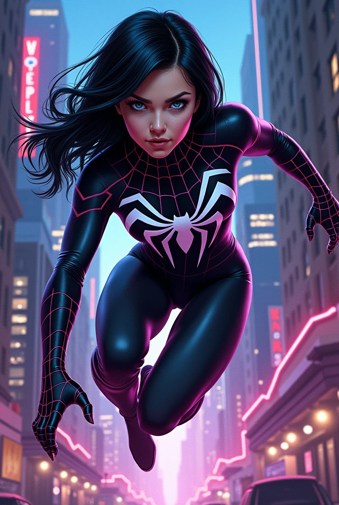 A Marvel comic book poster of a white-skinned girl named Spider-Woman. The girl has black hair with white front strands, blue eyes, and a black and purple costume.