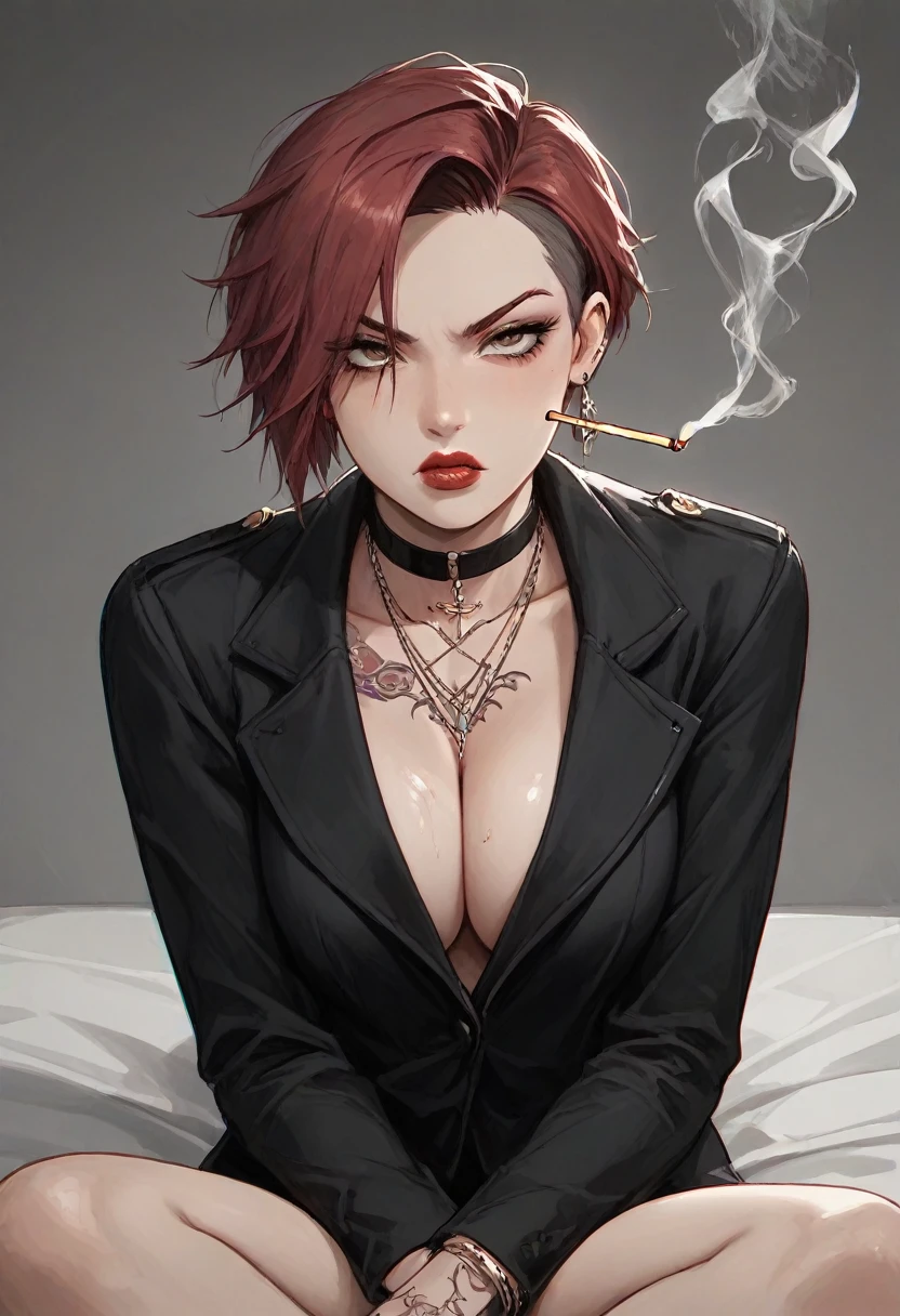 Realistic Digital Painting with Concept Art Elements"," digital painting," "concept art," "realistic," "high detail", "muscular",, "high-res", "ominous aura,", "8k resolution", "oil painting", "darker tone" , "dark saturation" ,"dark feeling", "concept art" , "detailed features" , "detailed eyes" , "1girl" , "cold eyes" , "brown eyes" , "Boss cut" , dirt blonde hair" , "tattooed bicep" , "feminine yet masculine charm" , "wrist bracelets" "choker" , "puckered lips" , "large size " , "perfectly proportioned" , "short cut" , "burgundy hair color" , "business suit", "yakuza boss" , "smoking a pipe" , "sitting on bed" , "angry impression" "smoking"