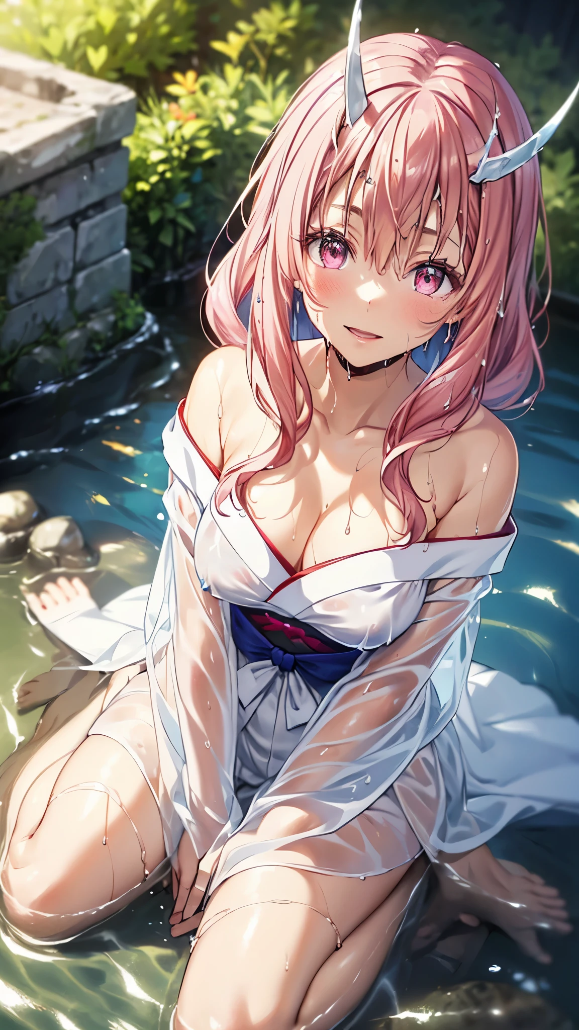 from above,Near the well,Bucket of water,white kimono,(see through ,wet:1.7),off shoulder,cleavage,long hair,pink hair,pink eyes,(2horns),smile,(bottomless:1.5),blush,sitting,(wariza:1.5),masterpiece,Noise Reduction,perfect anatomy,high resolution, ultra-detailed, ultra-detailed face,game cg,dutch angle ,beautiful detailed eyes,visualart,five fingers, perfect hands, perfect lighting, sparkling pupils,