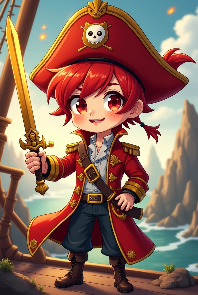 Chibi-e,boy , pirate king, 1 boy , red short hair , handsome , red milatary coat , gold sword , happy , gost owl logo hat , slim body , flying ship , mordern clothes, ultra detail ,no repeat item , rough nature , fox flame