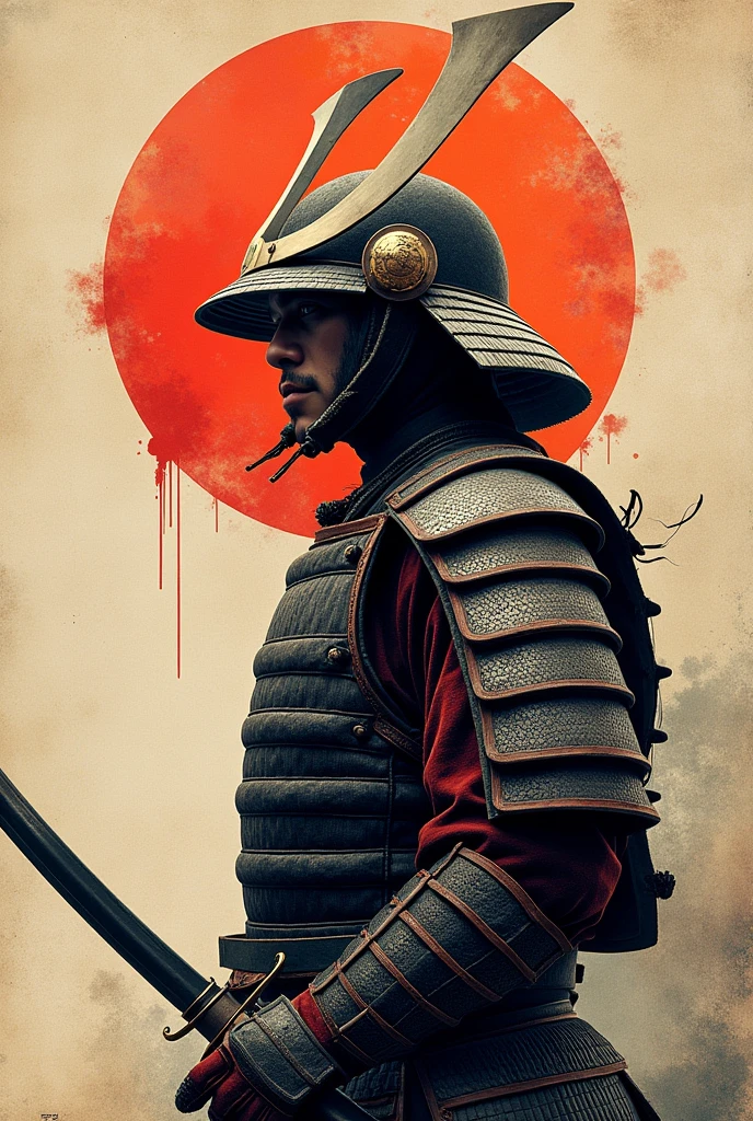 fusion of watercolors and oil paintings, fusion of paper cutting and shadow puppetry, mix of Japanese painting, ukiyo-e and woodblock prints, mix of monochrome and color, conceptual installation art, cool (helmet, armor, armor), samurai, haori and hakama, shiny Japanese sword, (ultra detailed, absolutely resolution, best quality:1.3), 2.5D, delicate and dynamic, artistic, hyper, graphic CG digital art, background iridescent old Japanese paper