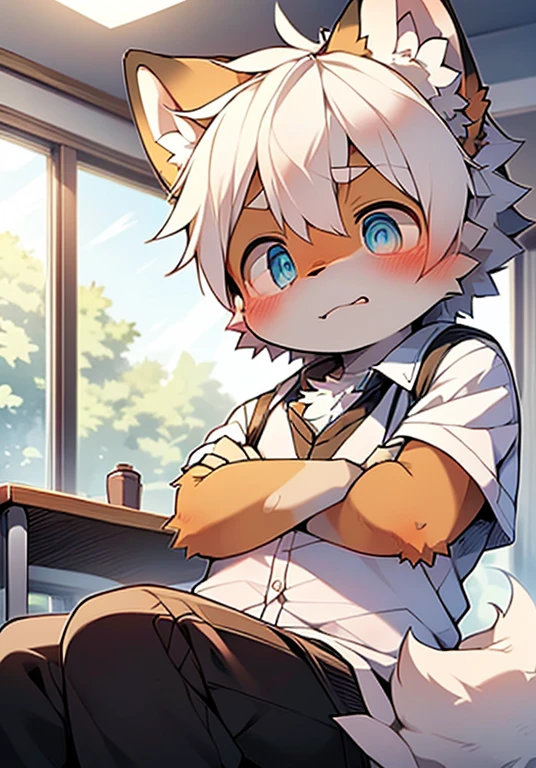 (Pond environment:0.8),masterpiece,high quality,Abstract research,number\(artwork\), by Dagasi, Yes,Seizan,(Ansero,Fluffy fur,character focus:1.1),Ansero male wolf,short hair,portrait ,（Bright environment：0.8）， Bright eyes, panoramic, character focus.(Detailed background:0.7), solo, hairy, hairy male, Male focus, Anser,(全身hairy, hairy的尾巴, Off-white fur, Ice blue eyes, White hair:1.2), (Canines,school uniform,white square angle：1.2），（Interior、Classroom：1.1）Shirtless