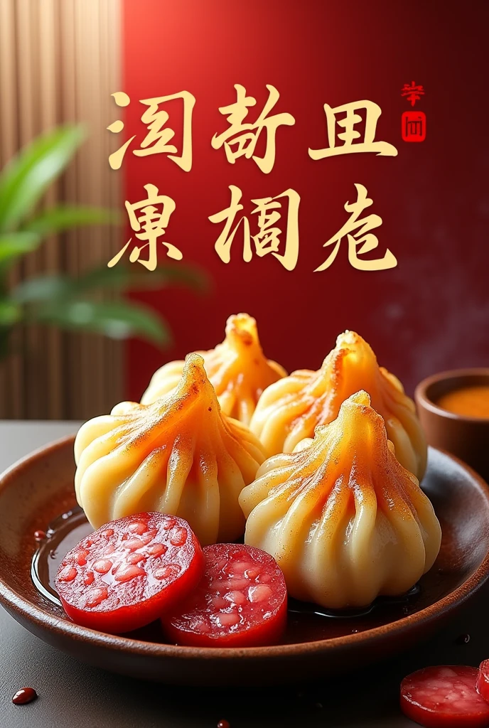 Please design a logo for a storefront specializing in pan-fried dumplings and Harbin red sausage. The logo should incorporate real images of the dumplings and sausage and have a stylish design. It will be used on a signboard, so it needs to be eye-catching, visually appealing, and prominently feature the pan-fried dumplings and red sausage. The sausage should be shown whole or sliced.
