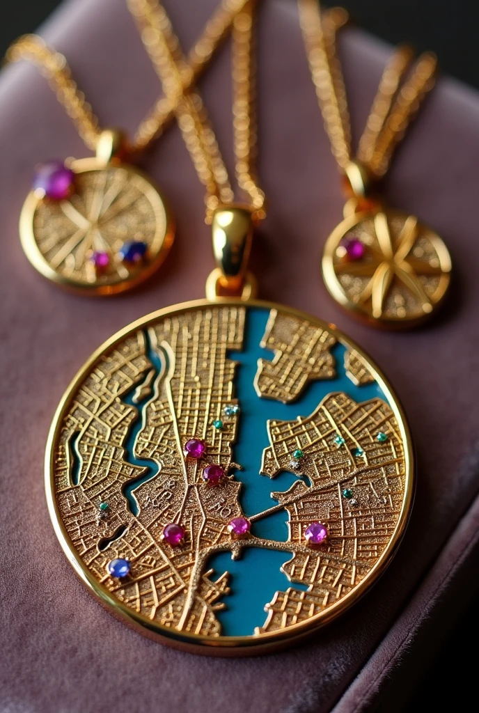 Map of New york designs into pendants of gold and colored diamond more designs