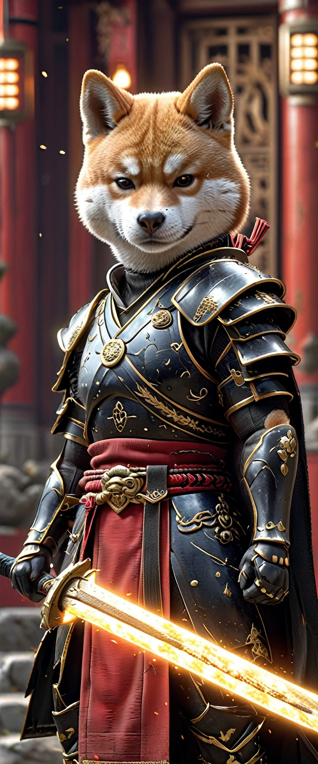 Shiba Inu Samurai,whole body, He has a Japanese sword charged with lightning., Wearing black armor and hakama haori, Japanese temple background, High resolution, masterpiece, Highest quality, Very detailed, Very detailed, Ultra-realistic,
Japan style, 3D Fluffy, Cute and adorable close-ups, Cute big round reflective eyes, Long fuzzy fur, Pixar Rendering, unreal engine Cinematic smooth, Exquisite detail, Cinematic