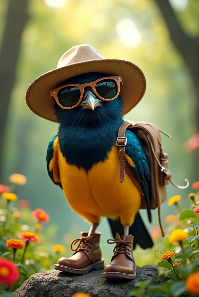 Une pie qui porte des bottes, un chapeau d'explorateur, un baluchon et des lunettes de soleil