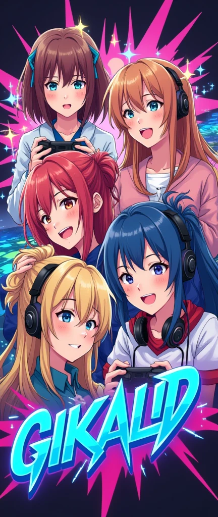 make a logo anime girls playing games and text GIKALID add more girls 3