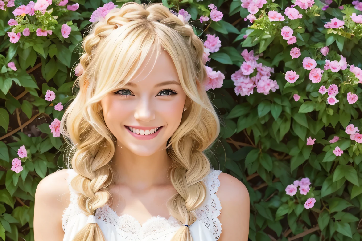A blonde woman with a big smile on her face, A shy smile, smileing nright, Cute Hairstyles, A shy smile, Curly blonde hair, Braid, Gal, White women, Black lace dress