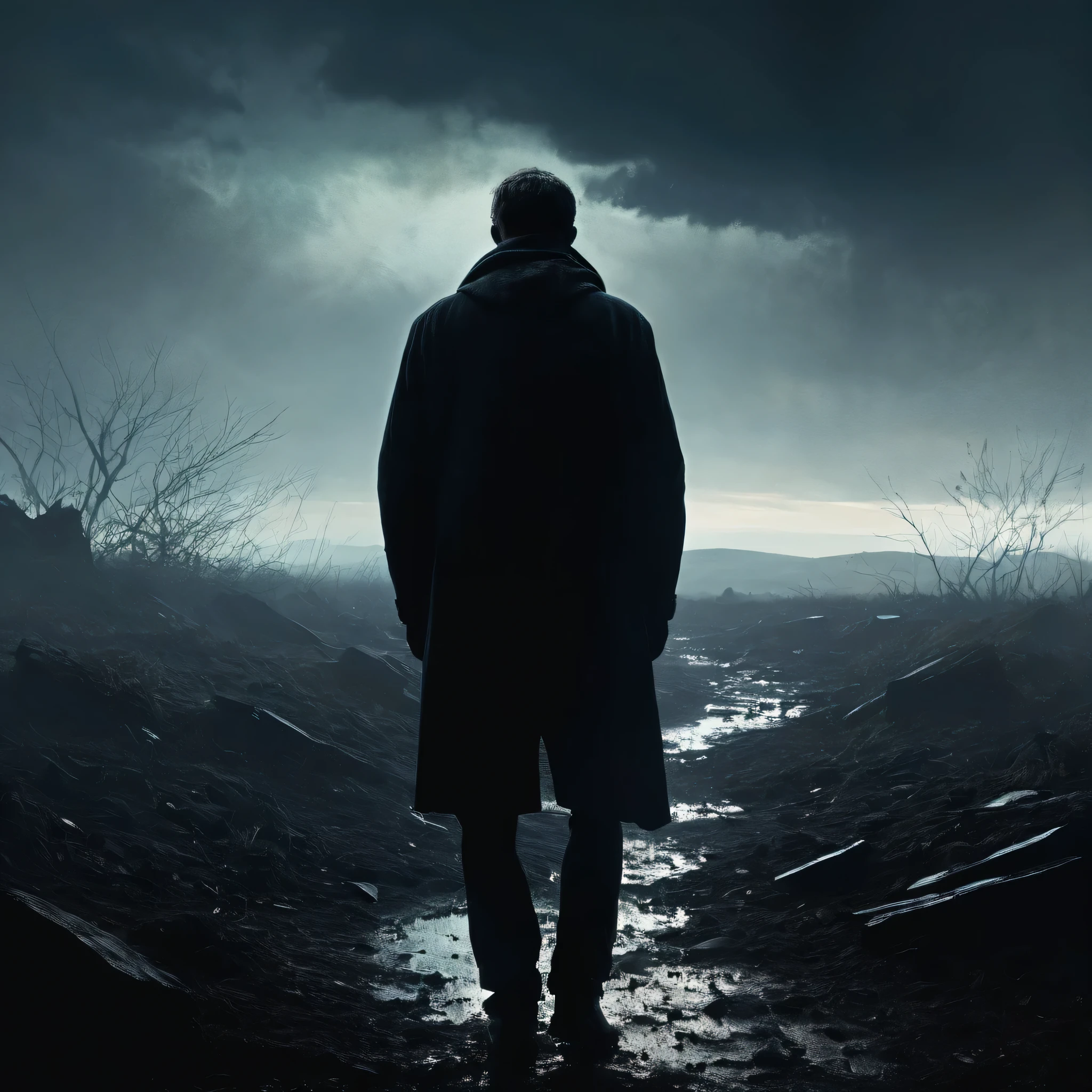 a man in a dark and somber landscape, (best quality,4k,8k,highres,masterpiece:1.2),ultra-detailed,(realistic,photorealistic,photo-realistic:1.37),dramatic lighting,cinematic composition,melancholic atmosphere,moody lighting,cold color palette,shattered glass,scattered ashes,fading sunlight,silhouetted figure,searching expression,emotional portrait,pensive mood,atmospheric,dramatic shadows,painterly style,expressive brushstrokes,emotive,wistful,haunting,poetic