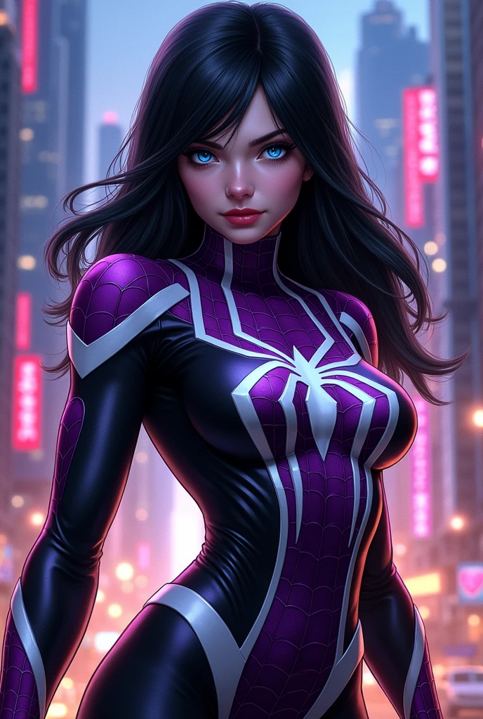 A Marvel comic book poster of a white-skinned girl named Spider-Woman. The girl has black hair with white front strands, blue eyes, and a black and purple costume.