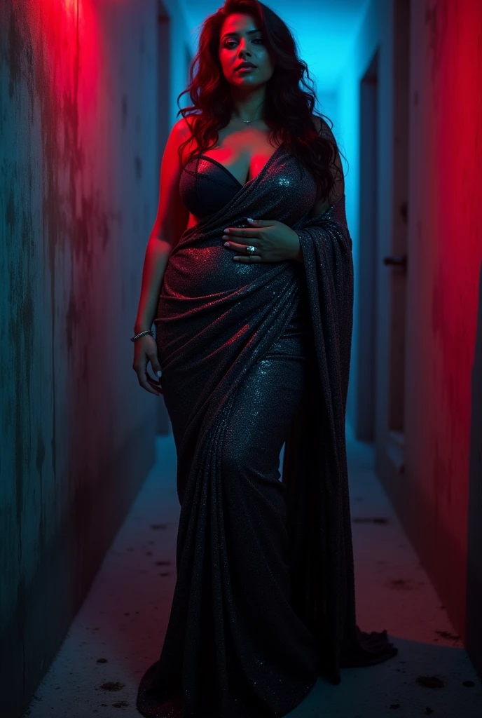 Looks like Aparna Dixit, full body Closeup shot, Big chubby aunty, milf, cougar lady witch, horny Gothic milf,  35 years old gorgeous mature lady, pervert demoness, demoness of lust, curvy, black lips, horny face, extremely gorgeous, thick figure, heavy physique, voluptuous, curvy, sexy figure, Fashionable portrait of androgynous alien looking witch wearing veil, glowing eyes, futuristic design, minimal details, givenchy, photoreal, 200mm, hd, f/ 2.0, highly detailed, surreal, sexy beautiful evil woman, sexy bold sequin Saree with strapless Bra, chudail, Pishachini, horror genre, blood-thirsty enchantress, powerful female spirit, eerie, drop dead, in the style of red and blue, (intricate details, hyperdetailed:1.15) (skin texture:1.2), dark Moody tone, cinematic lighting, haunted place in background, 