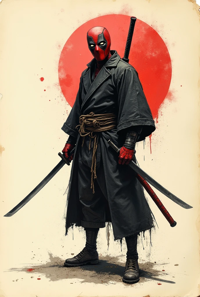old book style ink illustration, on parchment, ink splashes, ink stains, ink smears, faded ink, samurai strong Dzungarian human, katana, coat, pantless, linquivera, on parchment, deadpool, robot