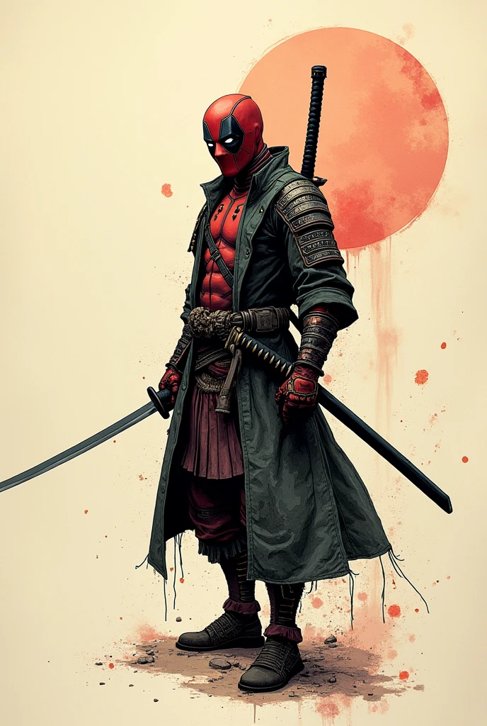 old book style ink illustration, on parchment, ink splashes, ink stains, ink smears, faded ink, samurai strong Dzungarian human, katana, coat, pantless, linquivera,  on parchment, deadpool, robot