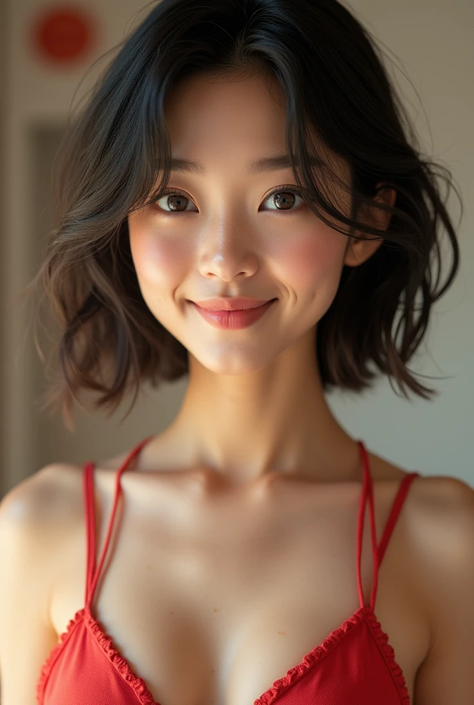 ((Best quality, 8k, Masterpiece :1.3)), 1girl, Pretty woman with emphasizing abs :1.3, (short cut hairstyles, Huge breasts:1.7),Ultra-detailed face, Detailed eyes, Double eyelid,from the thighs up,japanese woman,fat,smile,