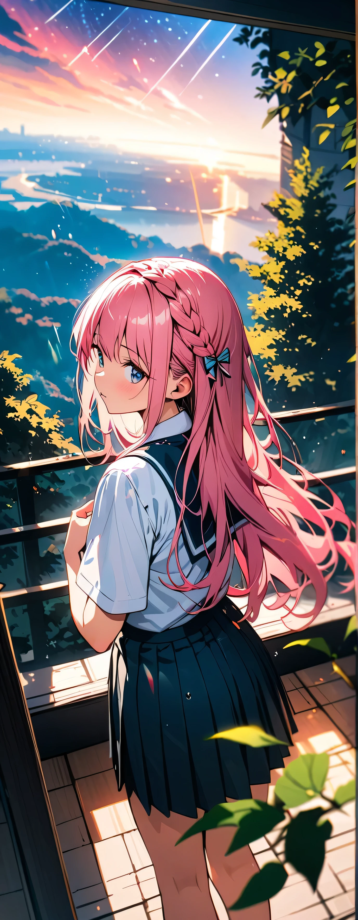 15 years old, (beautiful girl: 1.3),1girl,masterpiece, Highest quality, Ultra-high resolution,Rich contrast,super high quality,8k,Highly detailed CG unit wallpaper,texture,Incredibly absurd,Ultra-high resolution,RAW Photos,Depth of Field 1.2,Beautiful starry sky,overlooking,(magnificent panorama view:1.3),(High School Uniform&Pleated skirt:1.5),Pink Hair,Crown braid,Ultra-detailed eyes,loafers,leaves dripping with rain,sunlight through trees,post-rain aroma