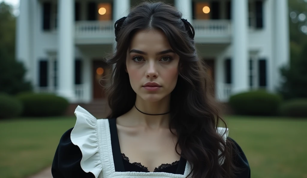 a detailed portrait of a young woman in the foreground, in black and white maid clothes, ((with the model showing a full body view)) highlighting her face clearly. She has fair skin, deep brown eyes, well-defined eyebrows and full lips, which are slightly parted, conveying an introspective and calm expression. Her dark hair is long, thick and wavy, falling in loose locks, but with some parts tied up in a discreet and elegant hairstyle, a mansion in the background, there is a classic style mansion, probably a historic house, with architecture reminiscent of the colonial period American or Southern. The building has an imposing facade with white columns that support a balcony on the upper floor, windows with dark shutters, and an entrance door in the center, from which a soft light emanates, suggesting that it is lit. The environment around the house appears to be natural, with greenish vegetation that creates a serene and timeless atmosphere, The image conveys an air of mystery and nostalgia, as if capturing a moment of introspection in a historic and imposing setting, The combination of a deep look of the young woman and the grandeur of the mansion in the background evoke a rich and imaginative narrative.