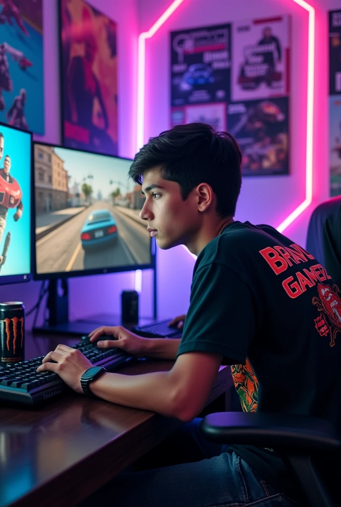 A 18 years old boy sittting in a gaming room playing gta5 and "Bravo GamerZ" is written on his shirt aitting towards mr