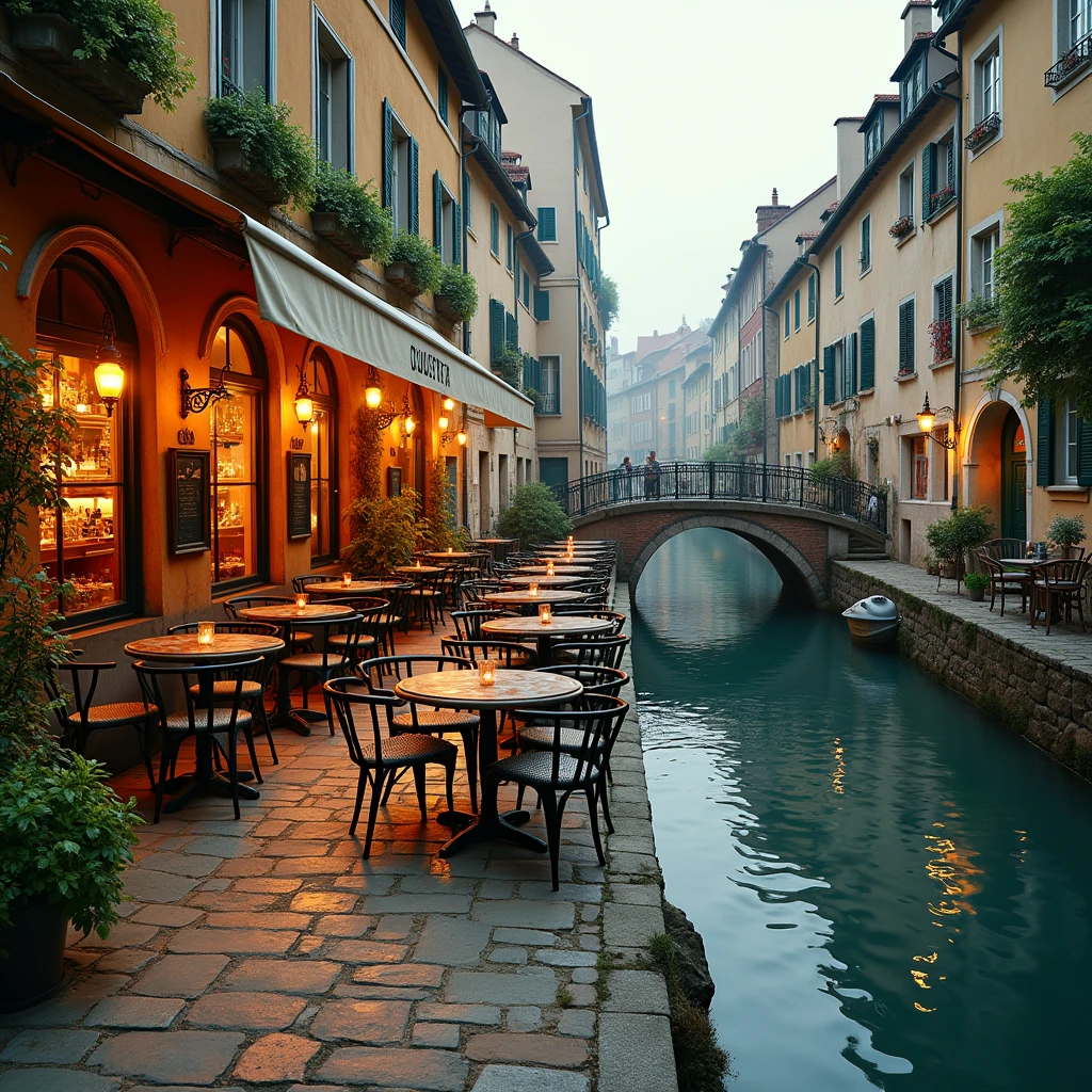 Wanting a scene of an open-air cafe by a river in a small European town,The overall image should be warm, comfortable and pleasant,There's a small arch bridge nearby,Jazz music playing,But this shop and the scene of the table emitting warm light,More outdoor tables and chairs,It would be great to add some people to create a more lively atmosphere
