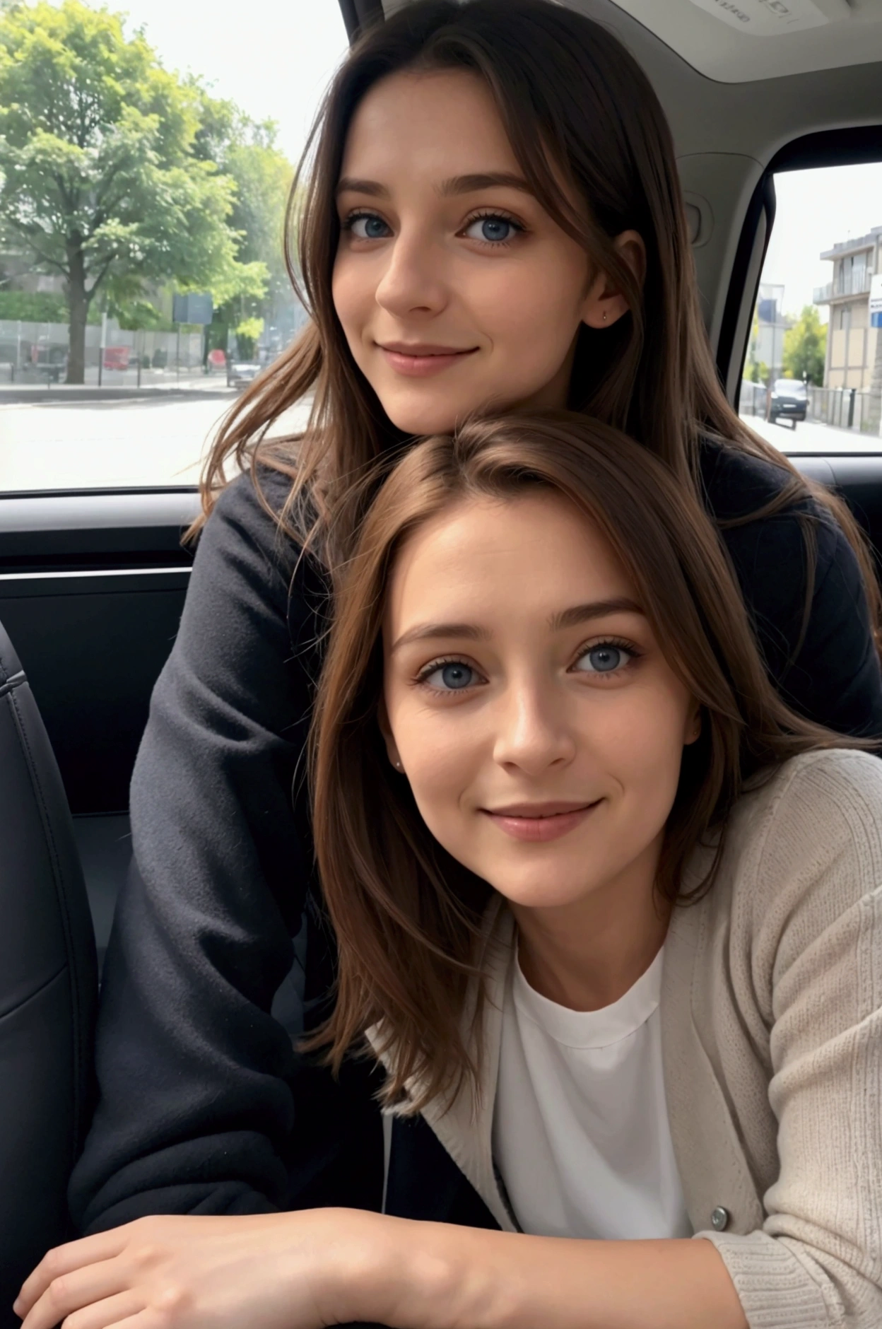 Deux hommes, apparaissant dans un moment de grande complicité et de bonheur, l’un installé au volant l’autre en passager, en covoiturage. Ils sont en train de rire ensemble, leurs visages illuminés par des sourires sincères. le conducteur a une main sur le volant et son autre main sur le levier de vitesse. Le passager regarde le conducteur d’un air amoureux. La caméra est positionnée au-dessus du capot, les photographiant côte à côte, conducteur et passager. La voiture est moderne et bien entretenue, avec des sièges en cuir et un tableau de bord high-tech. Les rayons du soleil traversent le pare-brise, créant des reflets lumineux sur leurs visages. Les amis portent des vêtements décontractés et colorés, ajoutant à l’atmosphère joyeuse. Les détails de leurs expressions faciales et de leurs gestes montrent clairement leur amitié profonde et leur bonheur partagé. La photographie doit être ultra réaliste, capturant chaque détail, des textures des sièges aux reflets dans leurs yeux.