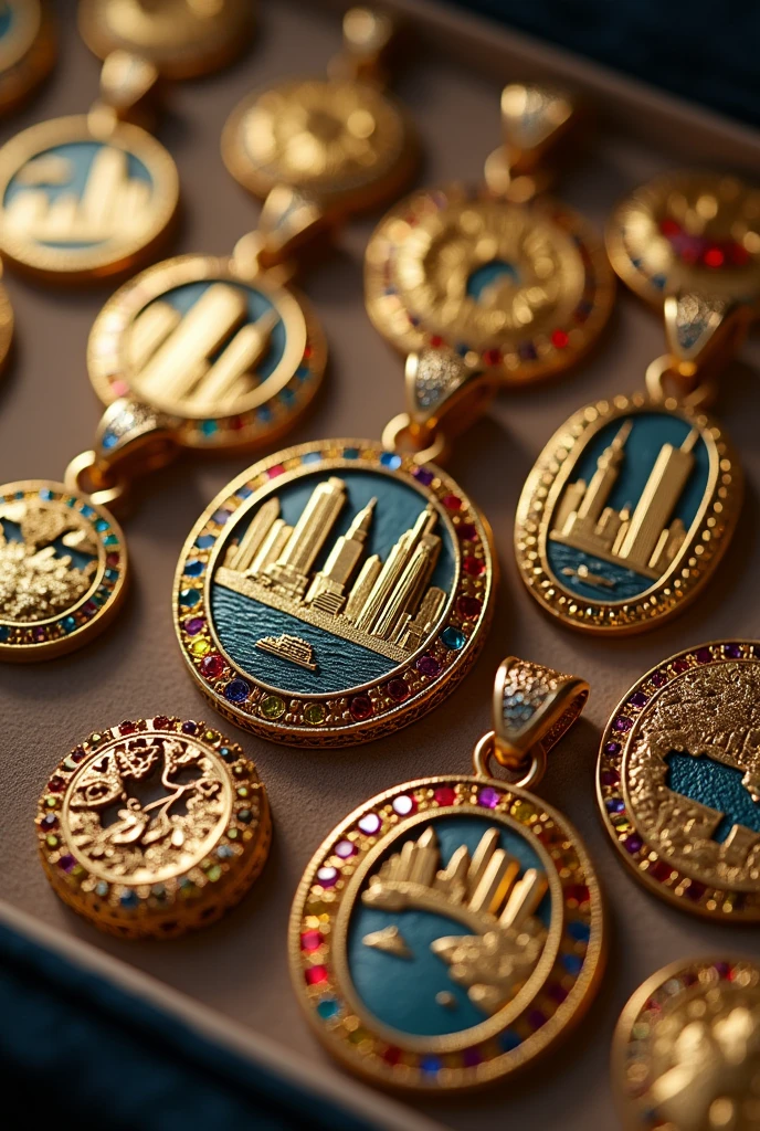 Map of New york designs into pendants of gold and colored diamond more designs