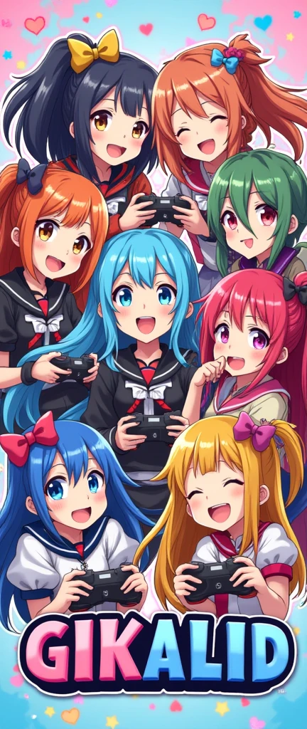 make a logo anime girls playing games and text GIKALID add more girls 3