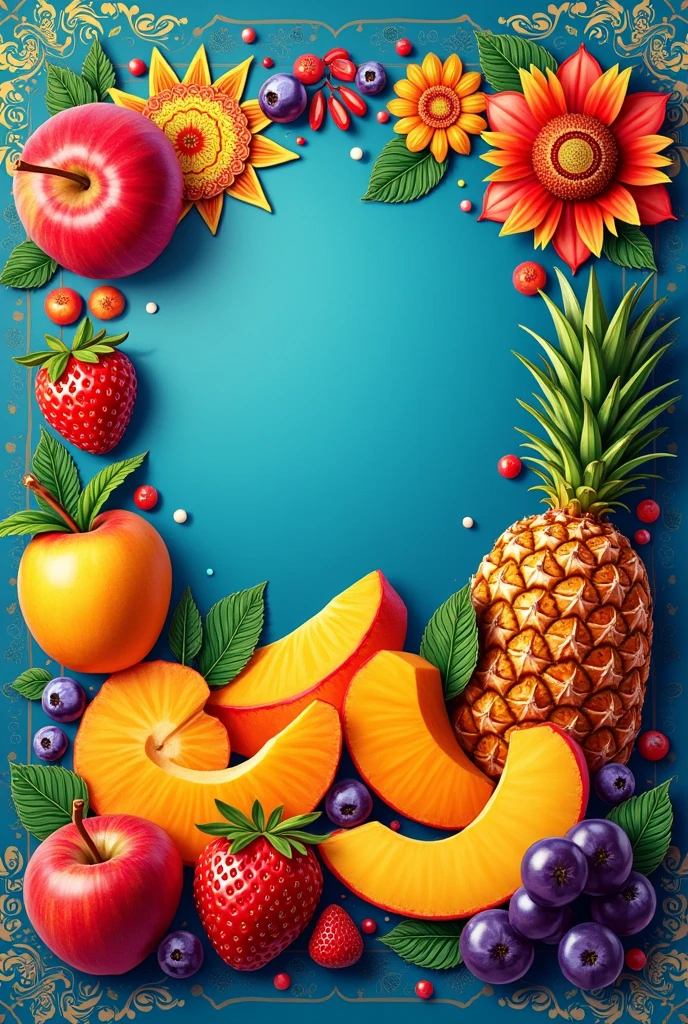 a package design for an assorted set of dehydrated fruits festive Indian design with apple strawberry jamun mango pineapple chickoo a vibrant color background not pink maroon green yellow or violet or brown