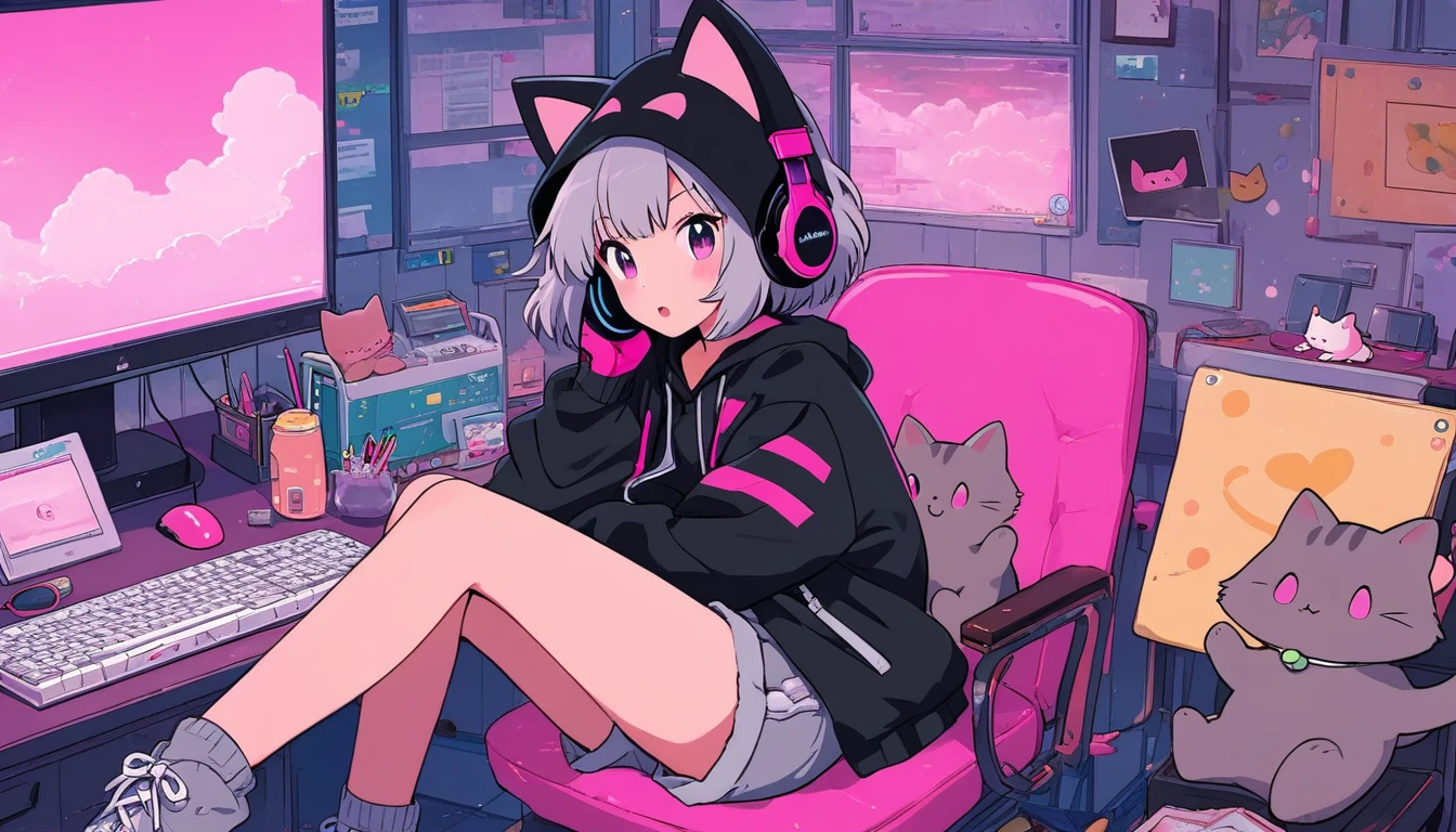 alone, lofi artstyle, lofi art, city, town, 80s anime style, Retro, Lo-Fi, masterpiece, best quality, (extremely detailed CG unity 8k wallpaper), (best quality), (best illustration), (best shadow), absurdres, realistic lighting, (Abyss), beautiful detailed glow, 1girl, solo, looking at viewer, short hair, open mouth, bangs, hair ornament, gloves, long sleeves, holding, animal ears, hair between eyes, sitting, jacket, grey hair, shorts, fang, indoors, cat ears, hood, pink eyes, black jacket, hoodie, fake animal ears, headphones, chair, hood down, computer, black hoodie, monitor, on chair, pink gloves, keyboard \(computer\), office chair, speaker, animal ear headphones, cat ear headphones, mouse \(computer\)