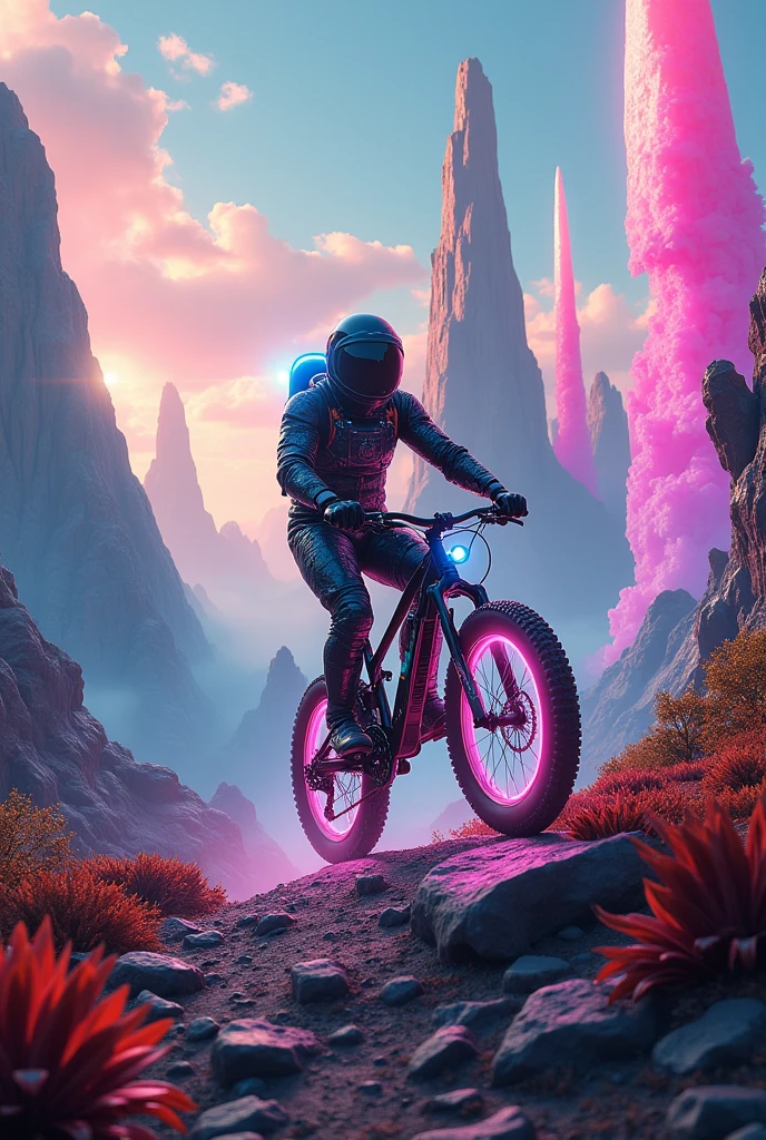 a realistic astronaut riding a bicycle on an alien planet, full body shot, panoramic view, highly detailed, hyper realistic, 8k, high resolution, ultra-detailed, intricate details, cinematic lighting, dramatic shadows, vibrant colors, otherworldly landscape, bizarre alien flora and fauna, towering mountains, strange glowing crystals, dramatic atmosphere, awe-inspiring scale, photorealistic, studio lighting, physically-based rendering, incredibly detailed, vivid colors, sharp focus, professional quality