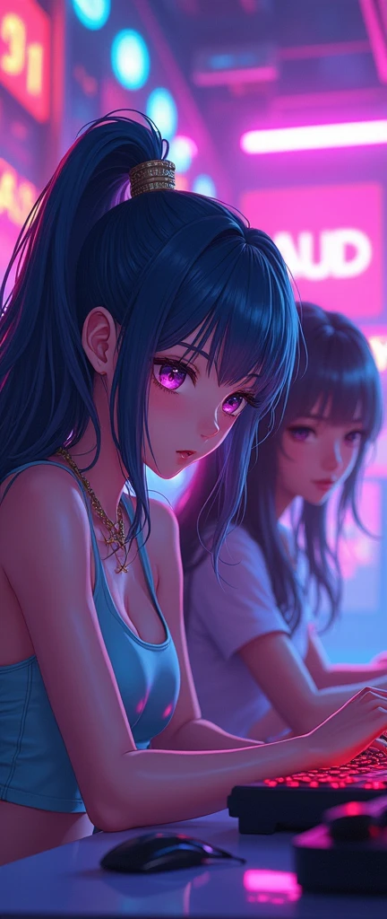 A beautiful anime girl gaming, 3 anime girls, GIKALID logo, intricate details, colorful, vibrant, dynamic composition, fantasy style, digital painting, (best quality,4k,8k,highres,masterpiece:1.2),ultra-detailed,(realistic,photorealistic,photo-realistic:1.37),highly detailed facial features,extremely detailed eyes and face,flawless skin,flowing hair,dynamic poses,action,video game aesthetic,neon lights,glowing effects,futuristic,vibrant colors,dramatic lighting