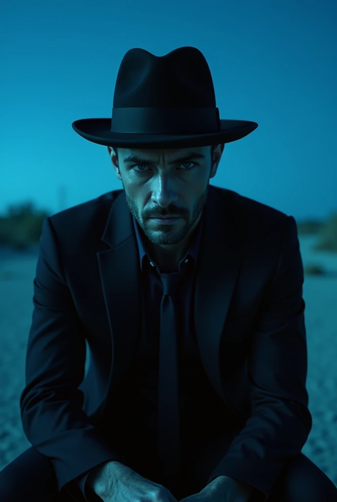  man in black suit, bonitas, in black hat, DETAILED MOUTH AND DETAILED EYES, without hair/scrached, sitting down, BLUE AND EMPTY FUND