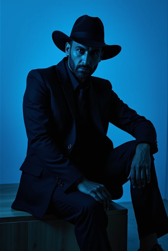  man in black suit, bonitas, in black hat, DETAILED MOUTH AND DETAILED EYES, without hair/scrached, sitting down, BLUE AND EMPTY FUND