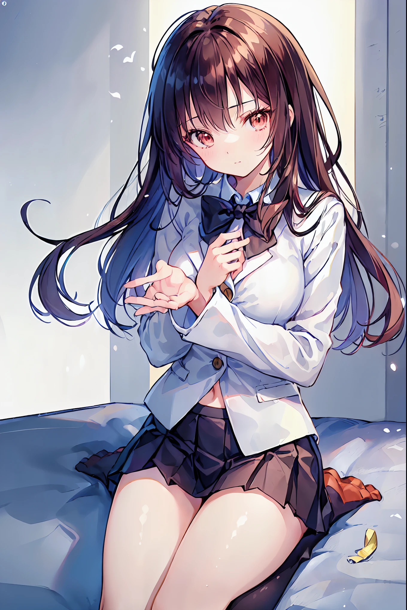 1 person, ((((masterpiece))), Highest quality, Highest quality, Attention to detail, Azusa Nakano, 1 person, Sakuragaoka High School Uniforms, musical instrument,Fluffy hair , Brown eyes, alone, red, ブレザーにredい細いリボンが付いています, A plain white button-up shirt is worn underneath the blazer., Black Stockings,Brown Hair,Shortcuts,Slender beauty,shape, comics, Calm tone, Calm colors, Cinematic soft light, Adobe Lightroom, Photo Lab, High resolution, 複雑でVery detailed, (((Written boundary depth))))). (((masterpiece))). (((Highest quality))).) ((Very detailed))). (((shape))). chest,(((room))).Dynamic Focus.小さなchest.
