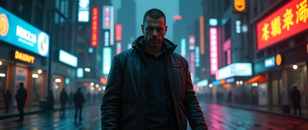 (((ultra realistic))) Photo, masterpiece, top quality, (Ultra detailed face and eyes), 1 man, a lone gunman in a futuristic cyberpunk city, detailed cinematic lighting, dramatic atmosphere, dark sinister cityscape, neon glowing lights, high tech skyscrapers, moody colors, cinematic composition, hyper-realistic, ultra-detailed, 8k, photorealistic, award winning artwork, masterpiece, b1llb0ard, sign,