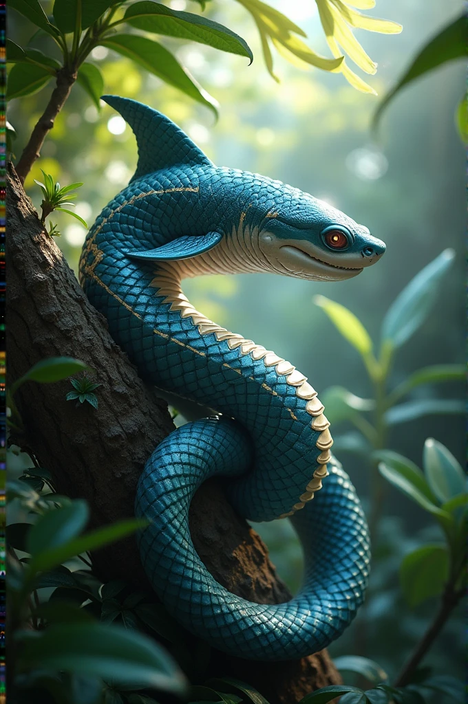 Create realistic images of exotic creatures, consisting of animals such as shark, cobra, bird.