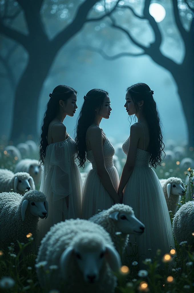 I'm taking photos for a new concept album. Create a girl group concept photo with a mysterious flock of sheep