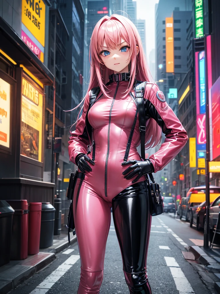 Best Quality,8k,middle School girls,Pink latex suit,Bodysuits,Robot fighter,I'm grating my bangs,SF,Straight Hair,Hands in pockets,Leather pants,perfectionにまっすぐな髪型,Smooth hair,colorful hair colors,blue eyes,Standing posture,Cyberpunk Girl,Naughty,model,Absurd,Wearing,I'm horny,Naughty,masterpiece,perfection,smile,Long Hair,
