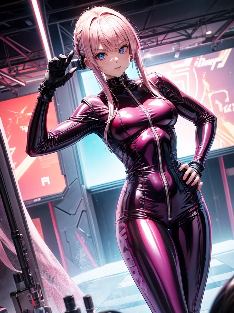 Best Quality,8k,middle School girls,Pink latex suit,Bodysuits,Robot fighter,I'm grating my bangs,SF,Straight Hair,Hands in pockets,Leather pants,perfectionにまっすぐな髪型,Smooth hair,colorful hair colors,blue eyes,Standing posture,Cyberpunk Girl,Naughty,model,Absurd,Wearing,I'm horny,Naughty,masterpiece,perfection,smile,Long Hair,