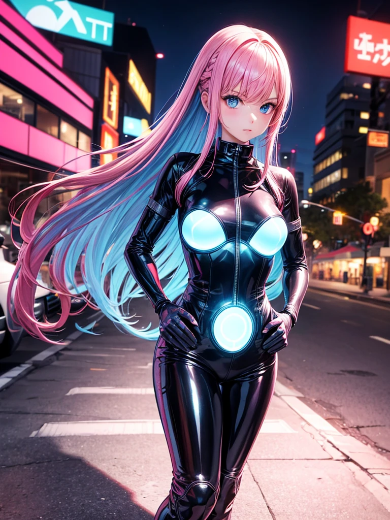 Best Quality，8k， girls，Pink latex suit，Bodysuits，Robot fighter，I'm grating my bangs，ＳＦ，Straight Hair，Hands in pockets，Leather pants，perfectionにまっすぐな髪型，Smooth hair，colorful hair colors，blue eyes，Standing posture，Cyberpunk Girl，Naughty，model，Absurd，Wearing，I&#39;m horny，Naughty，masterpiece，perfection，smile，Long Hair，