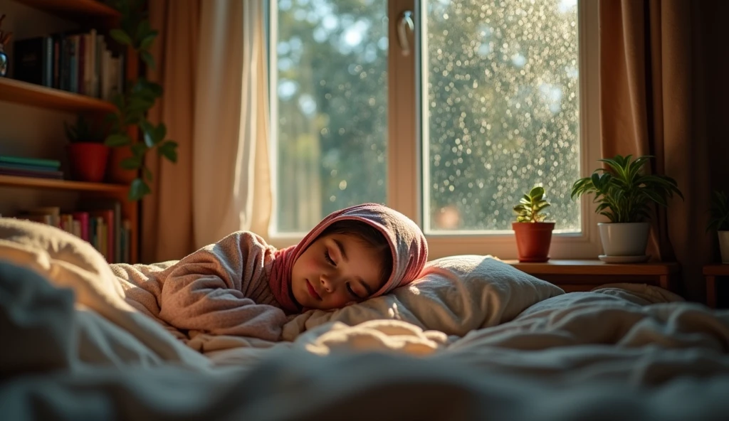 A Muslim girl in a headscarf,sleeping soundly in her room.rain on the glass window of a rainy night Muslim girl glass night rain woman