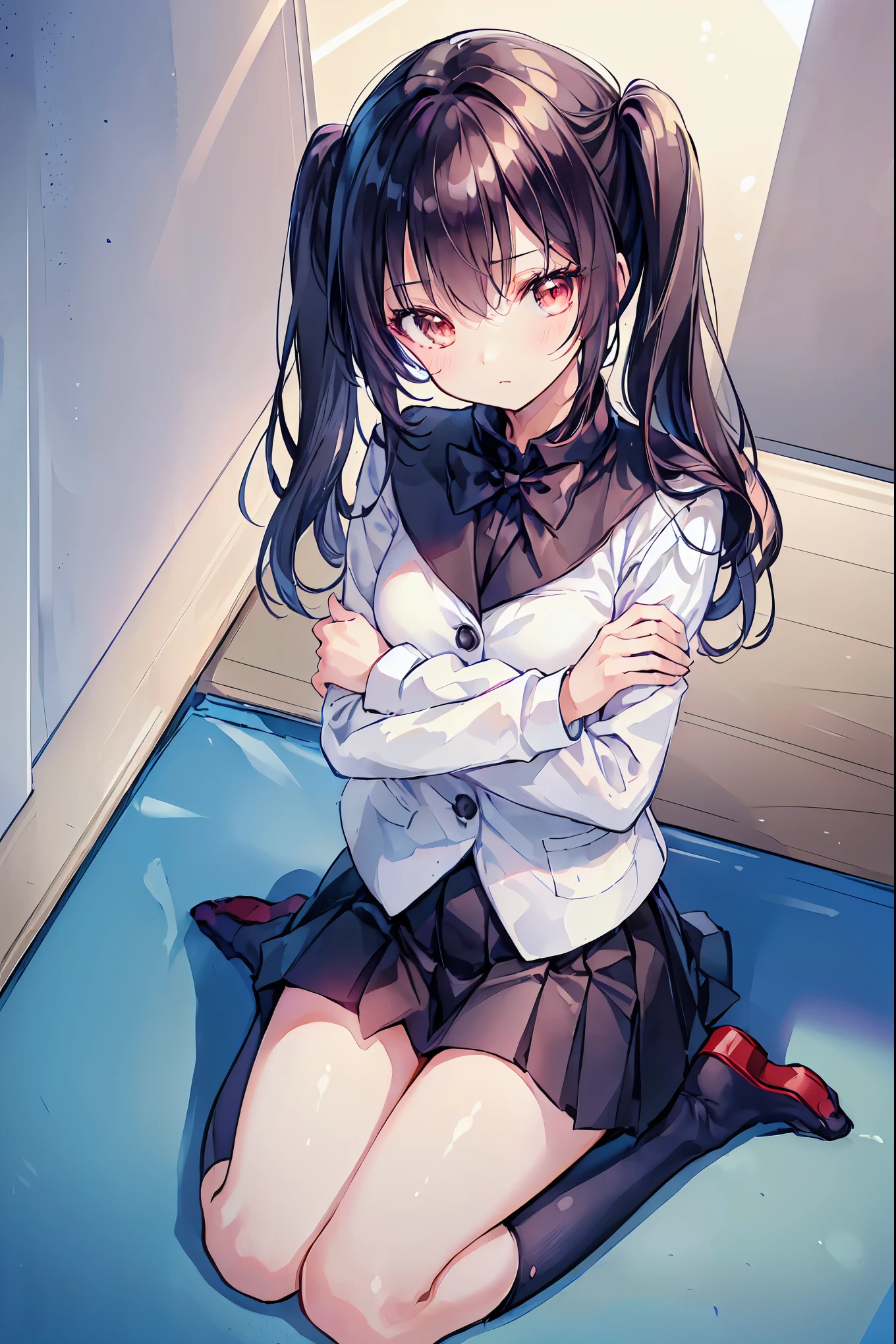 1 person, ((((masterpiece))), Highest quality, Highest quality, Attention to detail, Azusa Nakano, 1 person, Sakuragaoka High School Uniforms, musical instrument, , Twin tails, Long Hair, Black Hair, Brown eyes, alone, red, ブレザーにredい細いリボンが付いています, A plain white button-up shirt is worn underneath the blazer., Black Stockings,shape, comics, Calm tone, Calm colors, Cinematic soft light, Adobe Lightroom, Photo Lab, High resolution, 複雑でVery detailed, (((Written boundary depth))))). (((masterpiece))). (((Highest quality))).) ((Very detailed))). (((shape))). chest,(((room))).Dynamic Focus.小さなchest.