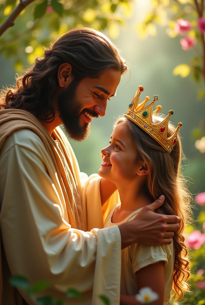Image of Jesus putting a beautiful golden crown on a girl with a realistic effect. 4k image in square proportion