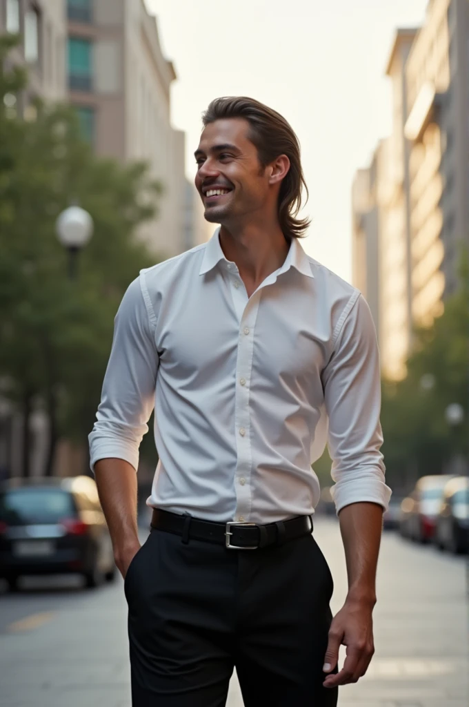 I man with young looking face but mature at the same time with his long mullet hair pair with his long sleeved polo and black trouser pants and tall, handsome about 19 of age maybe 6foot tall