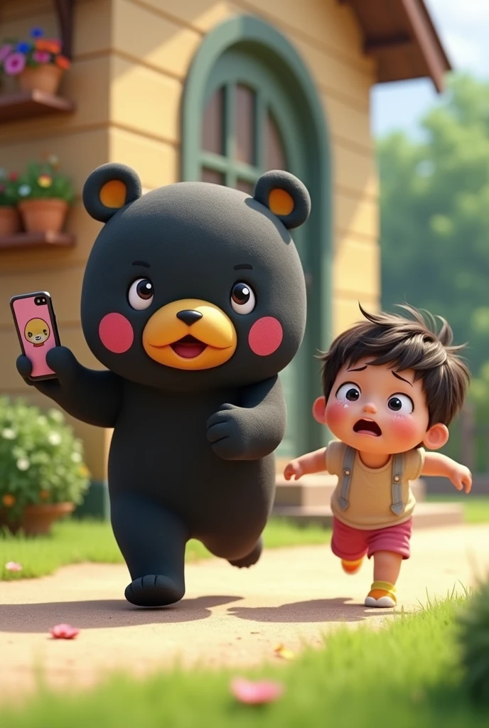 Kumamon
Holding a phone in one hand
3D and realistic
The background is a house
Chasing after a child
The child runs away crying