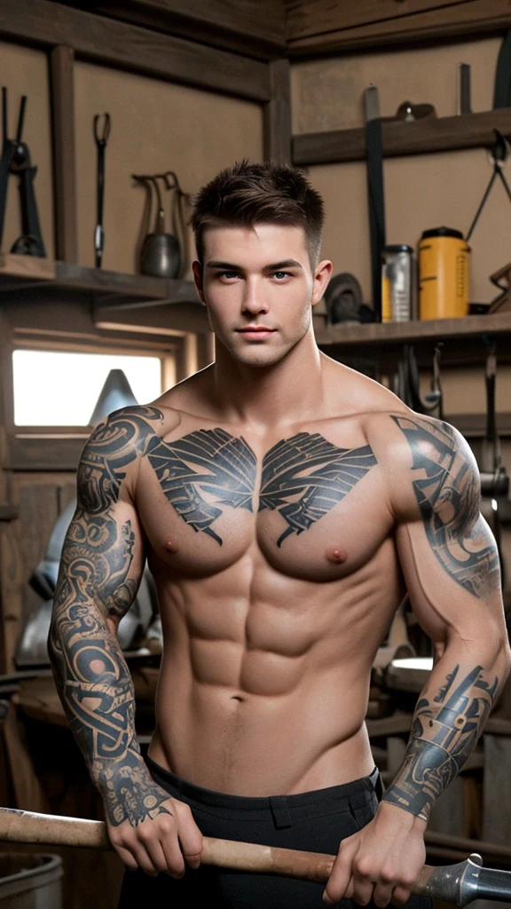 Muscler blacksmith man, bare body, perfect face, sexy eyes, brown hair, perfect body, smooth body, hammer in hand doing work in his Smithy, tattoos on whole chest and shoulders.