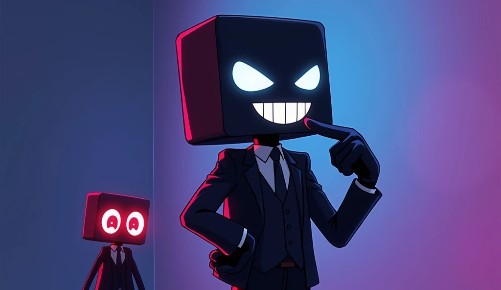 Create an anime-style image featuring three apps. The 'Blurrr' app is in the center, dressed in a black suit, striking a commanding pose with one finger on its lips, signaling the other two apps to be quiet. The 'CapCut' and 'Alight Motion' apps are shown in one corner, huddled together, appearing nervous and fearful, as if they are cornered. They should be large and prominent in the thumbnail. The faces of the apps should be simple squares or circles to allow for easy logo placement. Use a gradient background to highlight the central figure of the 'Blurrr' app and its intimidating stance."