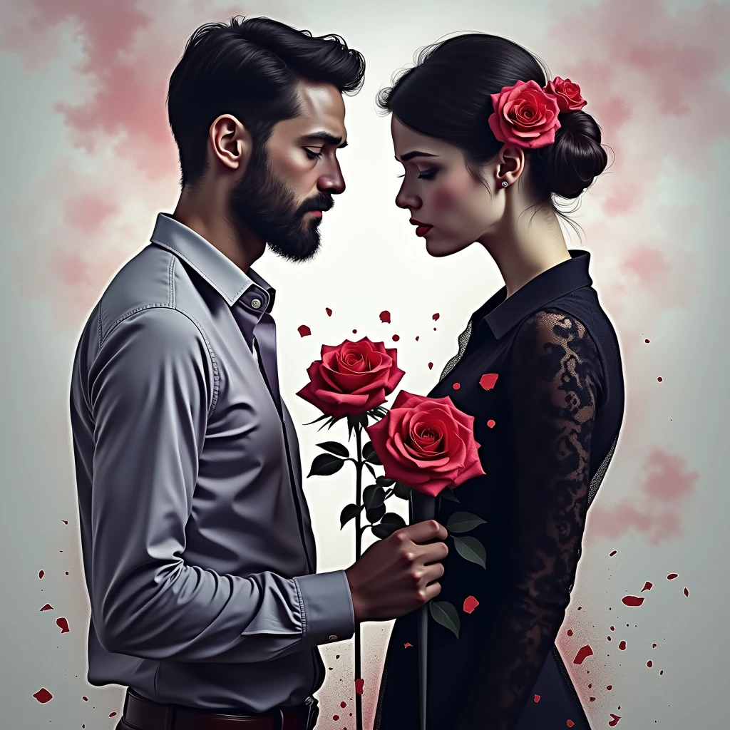 A beautiful and delicate image. Toxic love full of manipulation and deceit. Broken and betrayed heart. Sad man and woman stabbing each other in the back because of infidelity.