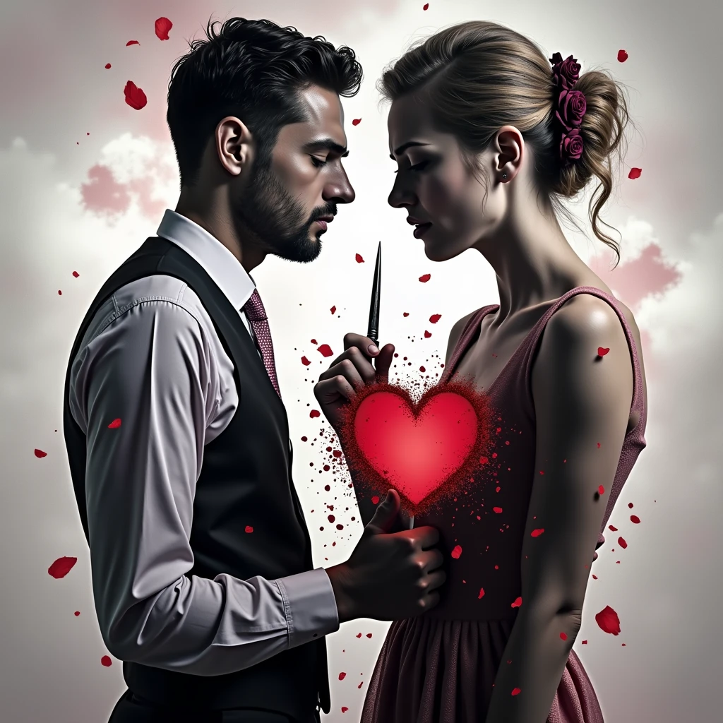 A beautiful and delicate image. Toxic love full of manipulation and deceit. Broken and betrayed heart. Sad man and woman stabbing each other in the back because of infidelity.