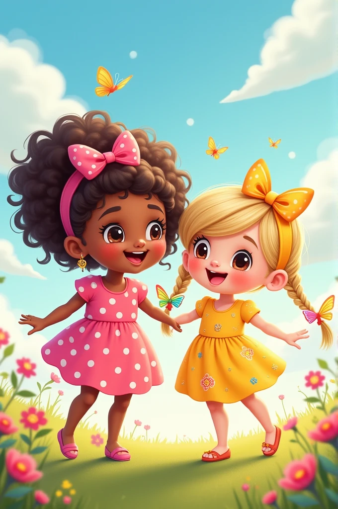 Smiling cute 2 kids, girls Cartoon, 2D image