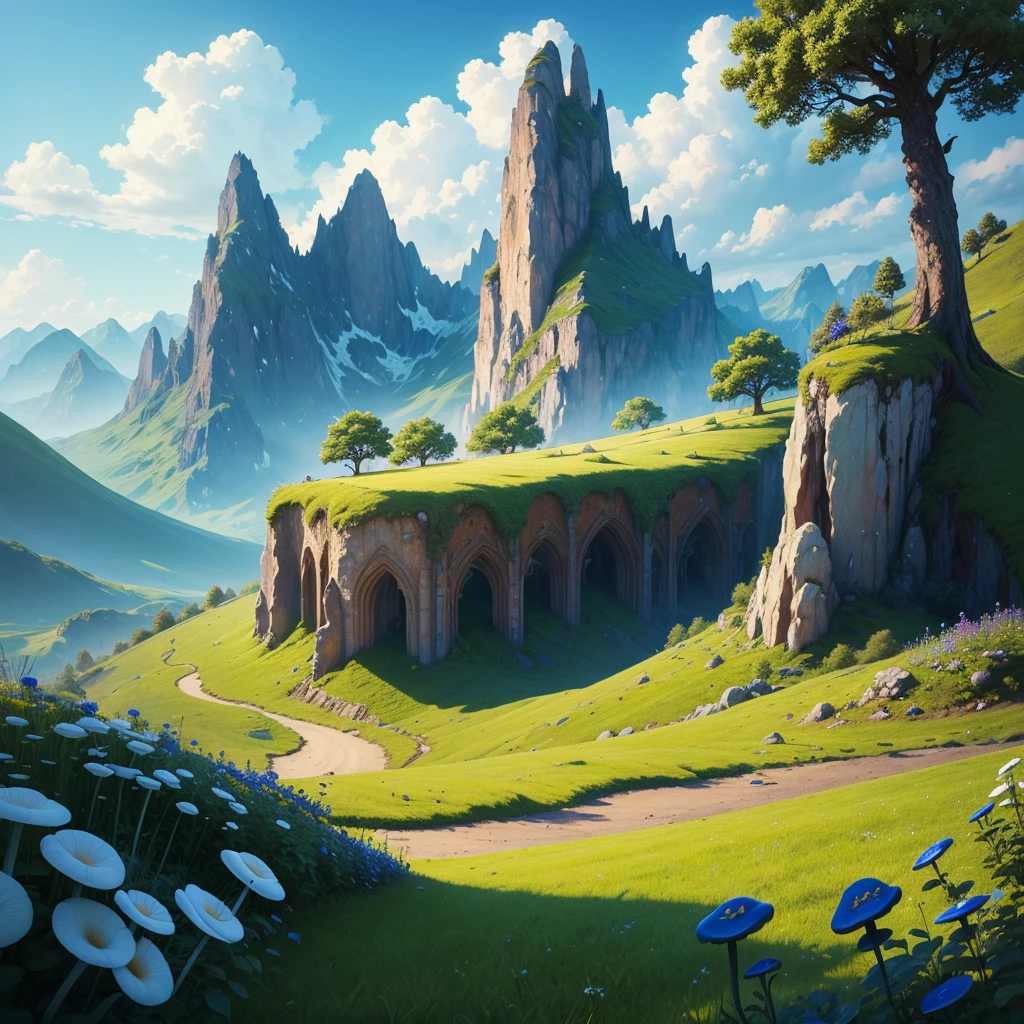((best quality)) , ((masterpiece)) , (detailed),flower, outdoors, horns, sky, day, blue sky, no humans, glowing, grass, plant, mountain, fantasy, vines, mushroom
